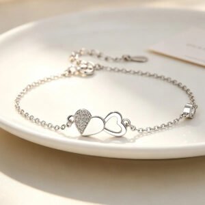 Double Heart Diamond Bracelet – Trendy Silver Chain
