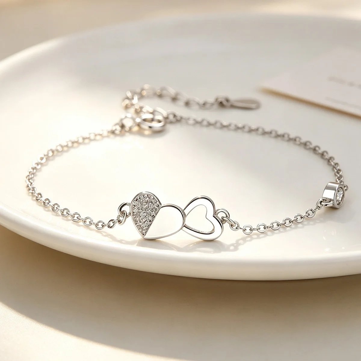 1 Double Heart Diamond Bracelet – Trendy Silver Chain - Image 1