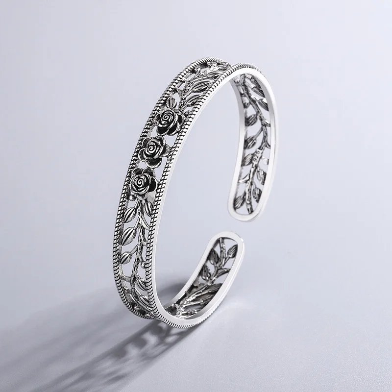 1 Rose Leaf Hollow Silver Cuff Bracelet – Trendy Party Jewelry - Image 1