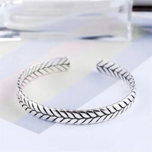 925 Silver Cuff Bracelet – Leaf Braided, Trendy Party Style