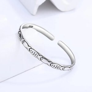 Sterling Silver Fish Bangle – Retro Embossed Cuff Bracelet