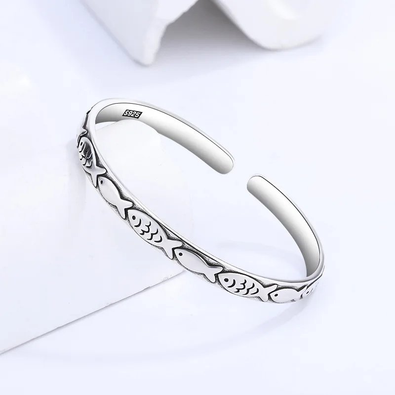 1 Sterling Silver Fish Bangle – Retro Embossed Cuff Bracelet - Image 1