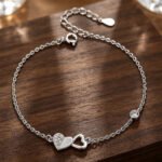 Double Heart Diamond Bracelet – Trendy Silver Chain - Image 2