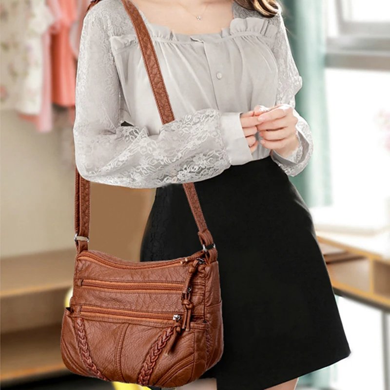 6 Women's PU messenger bag with flap and zip closure in solid style